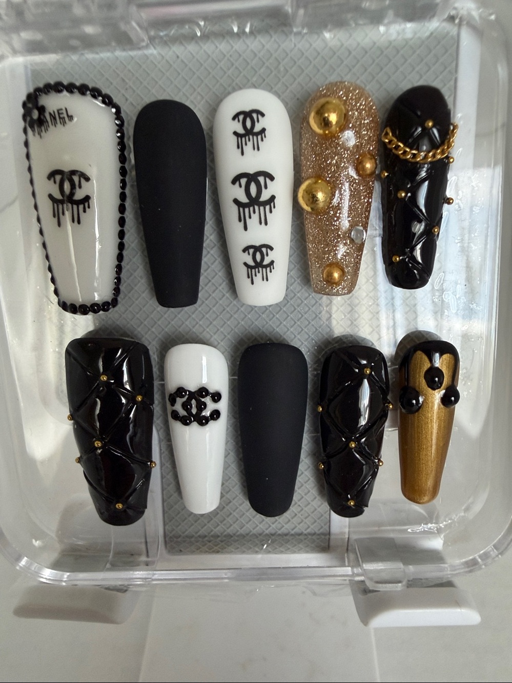 Custom Made Luxury Chanel Black , White  & Gold Press-On Nail Set —NIB